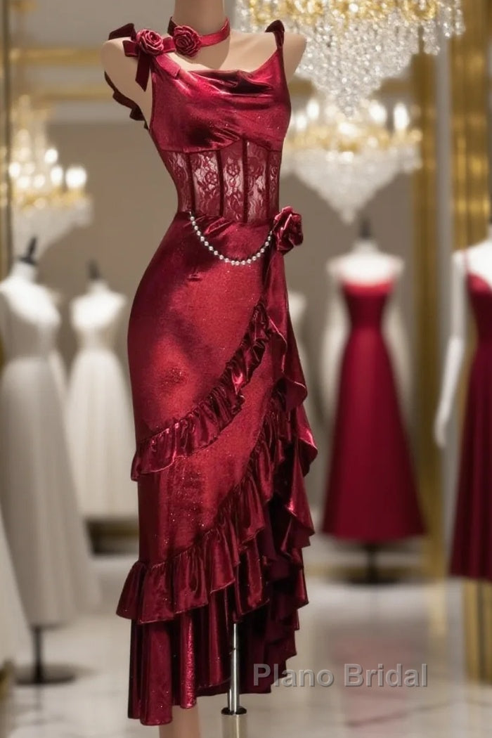 Retro Mermaid Spaghetti Straps Burgundy Lace Formal Prom Dresses Birthday Outfits