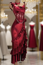 Retro Mermaid Spaghetti Straps Burgundy Lace Formal Prom Dresses Birthday Outfits