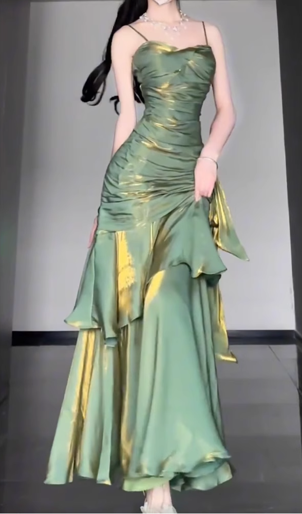 Retro Mermaid Spaghetti Straps Green Formal Prom Dresses Birthday Outfits With Flower