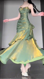 Retro Mermaid Spaghetti Straps Green Formal Prom Dresses Birthday Outfits With Flower