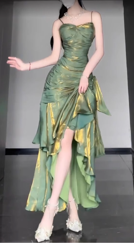 Retro Mermaid Spaghetti Straps Green Formal Prom Dresses Birthday Outfits With Flower Main image