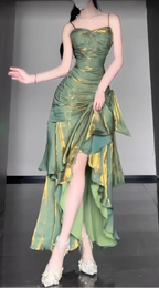 Retro Mermaid Spaghetti Straps Green Formal Prom Dresses Birthday Outfits With Flower