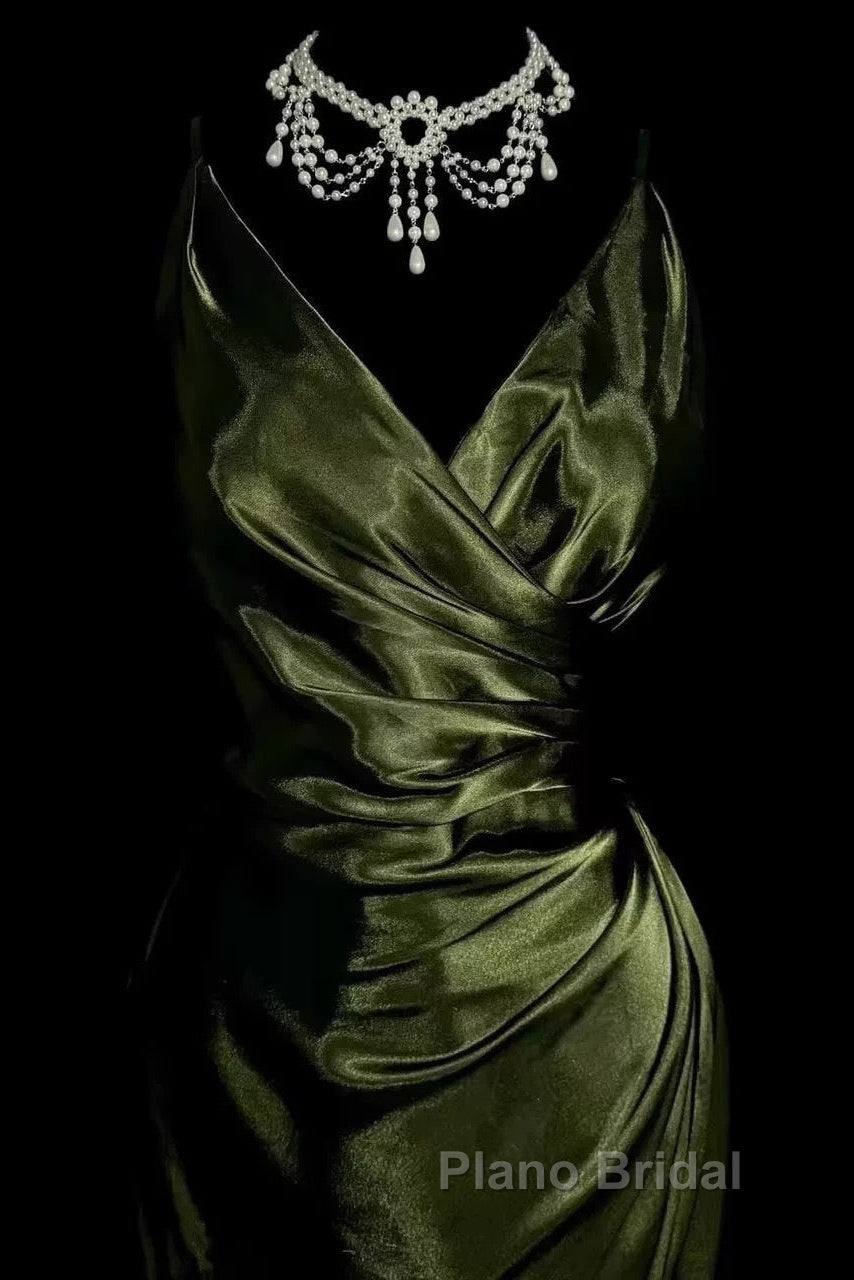 Retro Mermaid Spaghetti Straps Satin Green Long Evening Dresses Formal Prom Dresses