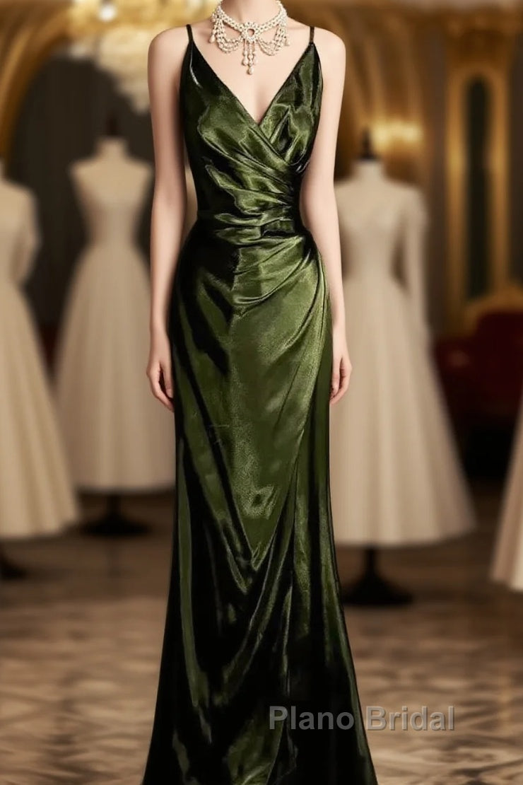 Retro Mermaid Spaghetti Straps Satin Green Long Evening Dresses Formal Prom Dresses Main image