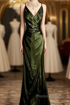 Retro Mermaid Spaghetti Straps Satin Green Long Evening Dresses Formal Prom Dresses