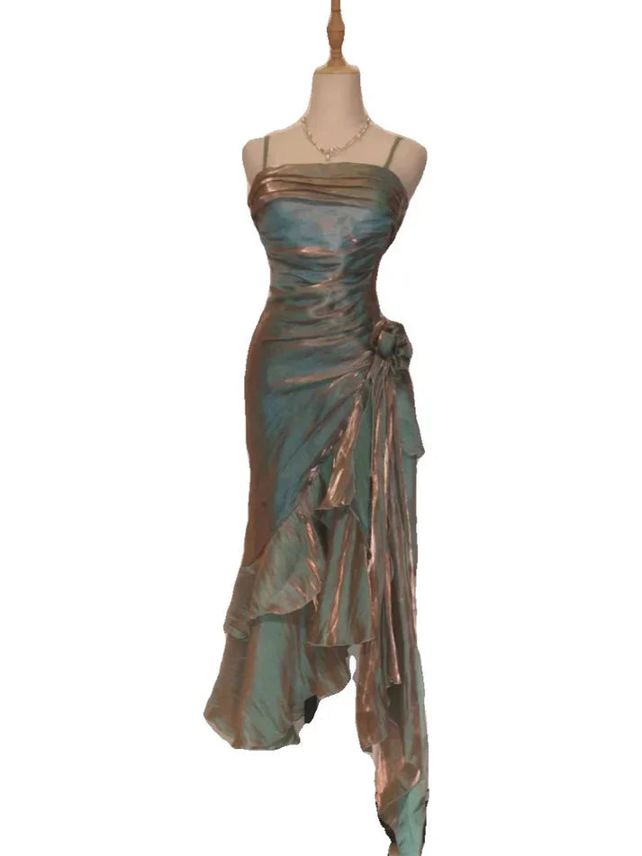 Retro Mermaid Spaghetti Straps Satin Long Party Dresses Formal Prom Dresses