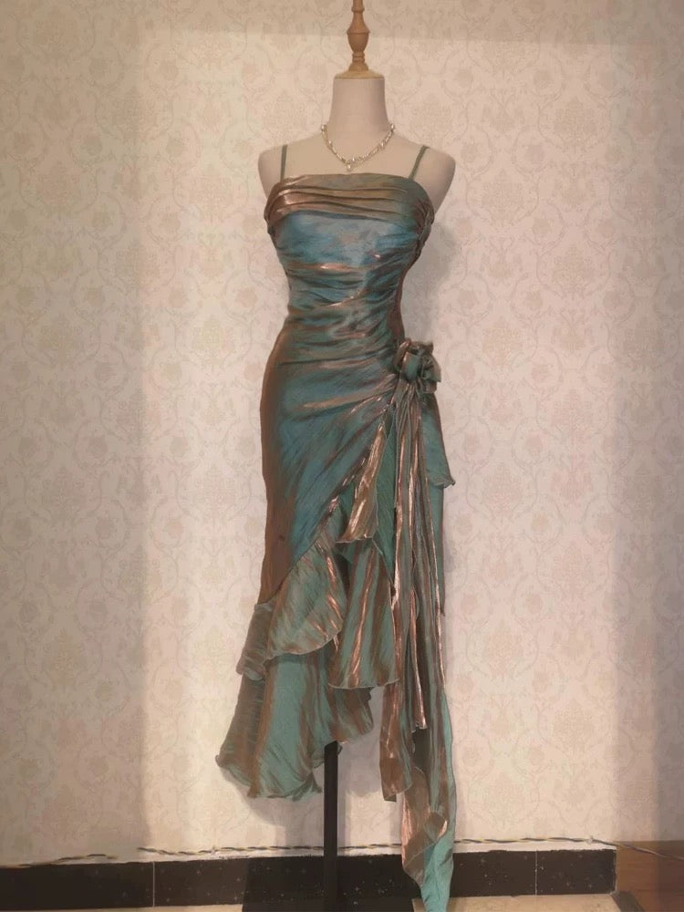 Retro Mermaid Spaghetti Straps Satin Long Party Dresses Formal Prom Dresses