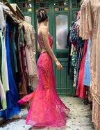 Retro Orange-Pink Mermaid Halter Neck Backless Beaded Tulle Long Formal Prom Dresses