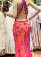 Retro Orange-Pink Mermaid Halter Neck Backless Beaded Tulle Long Formal Prom Dresses