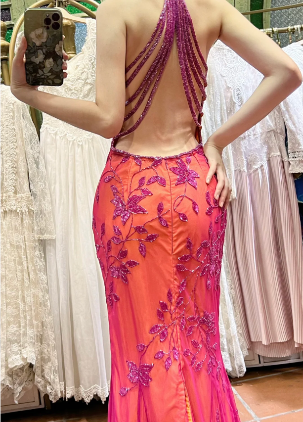 Retro Orange-Pink Mermaid Halter Neck Backless Beaded Tulle Long Formal Prom Dresses