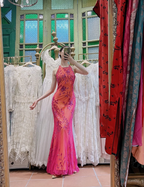 Retro Orange-Pink Mermaid Halter Neck Backless Beaded Tulle Long Formal Prom Dresses