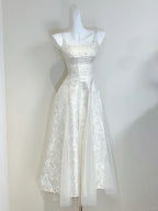 Retro Palace Ivory A-Line Square Neck Strap Jacquard Tulle Formal Prom Dresses
