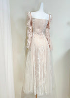 Retro Palace Nude Pink A-Line Long Lace Tulle Long Formal Prom Dresses
