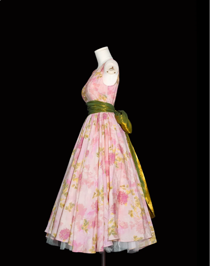 Retro Pink Floral Print A-Line Round Neck Bow Waist-Cinching Long Formal Prom Dresses Secondary image