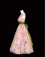 Retro Pink Floral Print A-Line Round Neck Bow Waist-Cinching Long Formal Prom Dresses