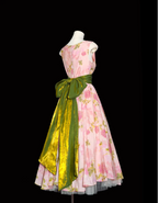Retro Pink Floral Print A-Line Round Neck Bow Waist-Cinching Long Formal Prom Dresses