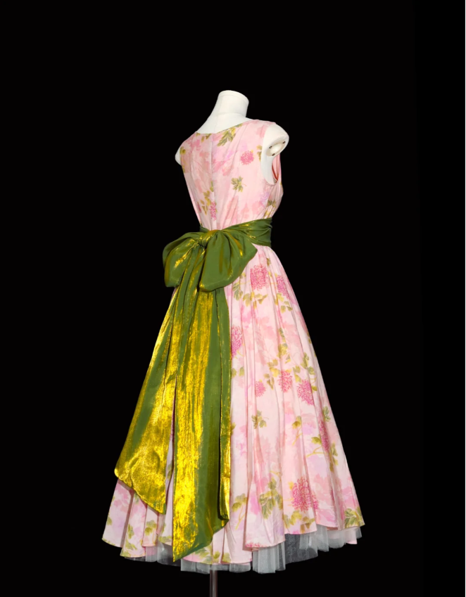 Retro Pink Floral Print A-Line Round Neck Bow Waist-Cinching Long Formal Prom Dresses