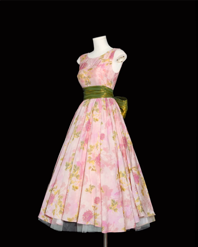 Retro Pink Floral Print A-Line Round Neck Bow Waist-Cinching Long Formal Prom Dresses