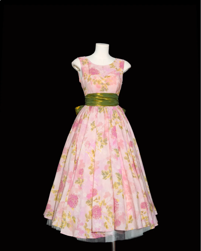 Retro Pink Floral Print A-Line Round Neck Bow Waist-Cinching Long Formal Prom Dresses