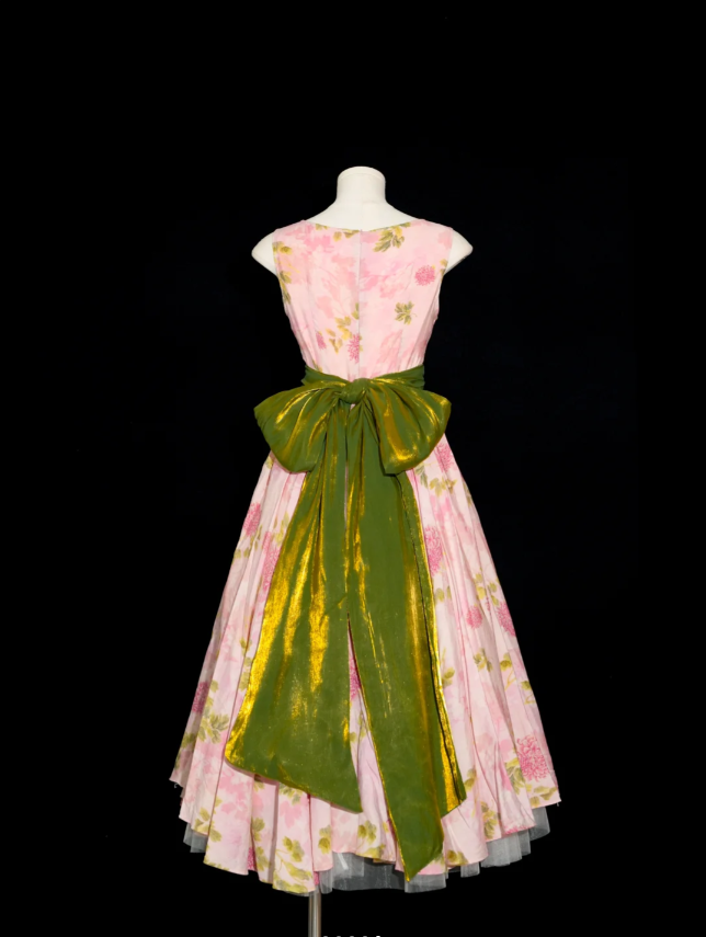 Retro Pink Floral Print A-Line Round Neck Bow Waist-Cinching Long Formal Prom Dresses