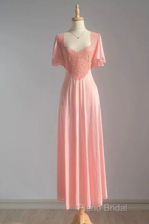 Retro Pink Long Bridesmaid Dresses Lace Formal Prom Dresses Secondary image
