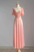Retro Pink Long Bridesmaid Dresses Lace Formal Prom Dresses