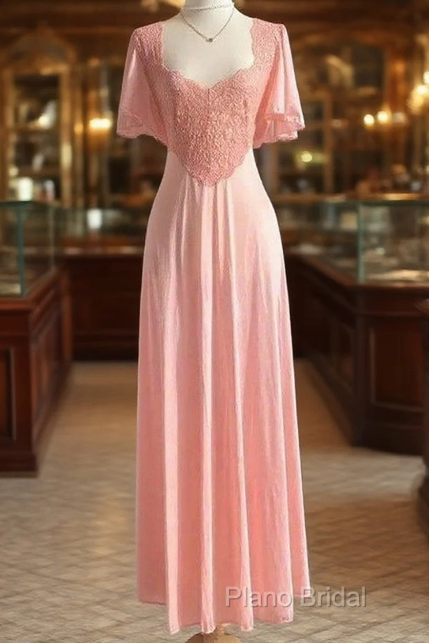 Retro Pink Long Bridesmaid Dresses Lace Formal Prom Dresses Main image