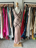 Retro Pink Mermaid Backless V-Neck Beaded Chiffon Long Formal Prom Dresses