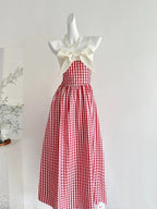 Retro Red And White Plaid A-Line Bow Strap Long Formal Prom Dresses 17Th Birthday Dresses