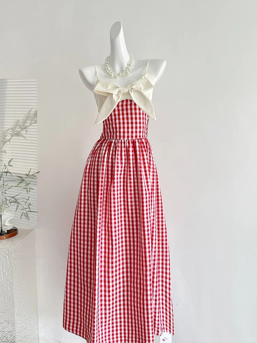 Retro Red And White Plaid A-Line Bow Strap Long Formal Prom Dresses 17Th Birthday Dresses