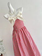 Retro Red And White Plaid A-Line Bow Strap Long Formal Prom Dresses 17Th Birthday Dresses