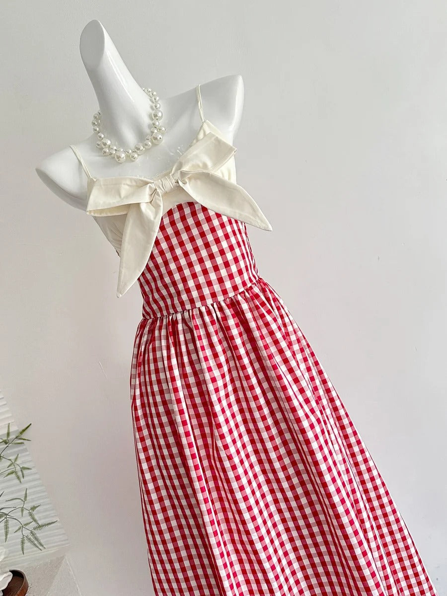 Retro Red And White Plaid A-Line Bow Strap Long Formal Prom Dresses 17Th Birthday Dresses