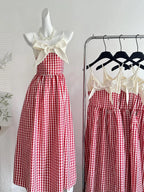Retro Red And White Plaid A-Line Bow Strap Long Formal Prom Dresses 17Th Birthday Dresses