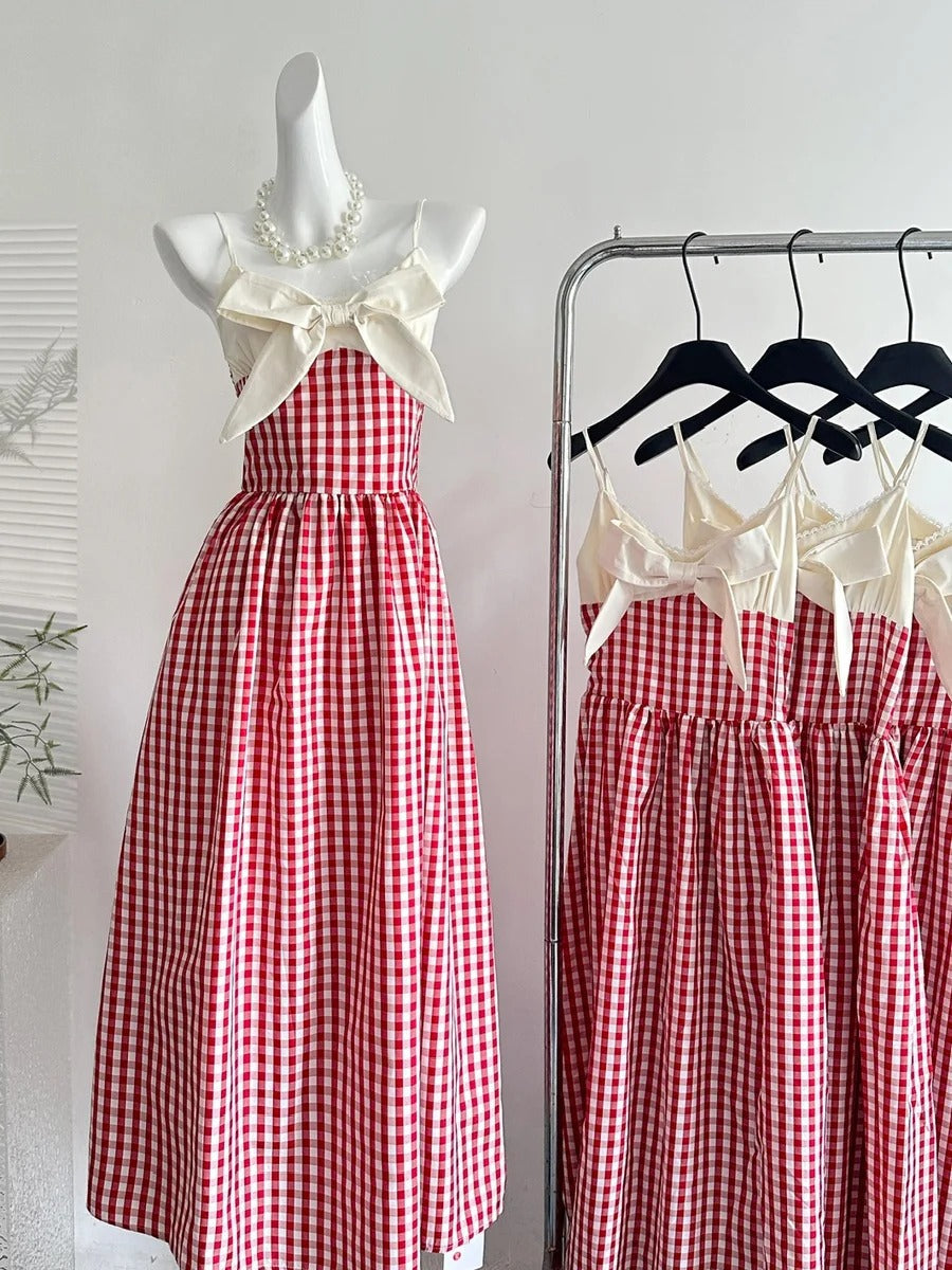 Retro Red And White Plaid A-Line Bow Strap Long Formal Prom Dresses 17Th Birthday Dresses