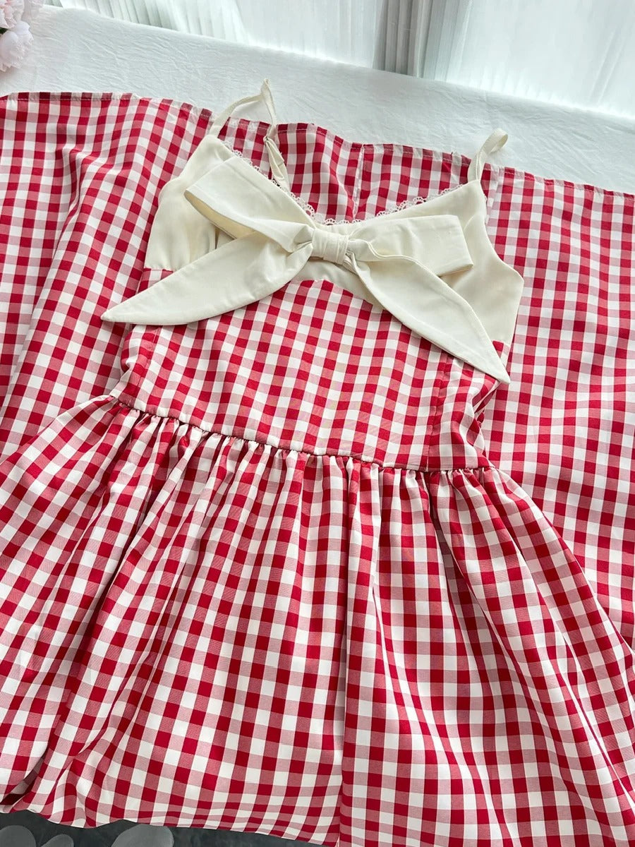 Retro Red And White Plaid A-Line Bow Strap Long Formal Prom Dresses 17Th Birthday Dresses