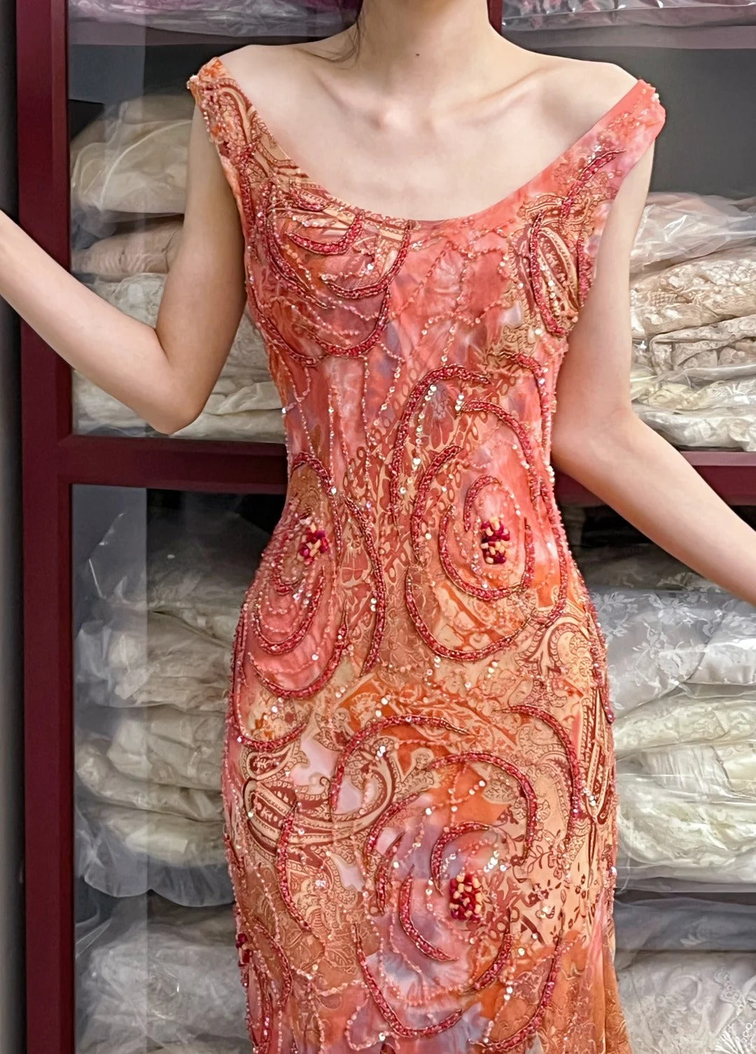 Retro Sparkling Orange-Red Mermaid Ruffled Beaded Chiffon Long Formal Prom Dresses