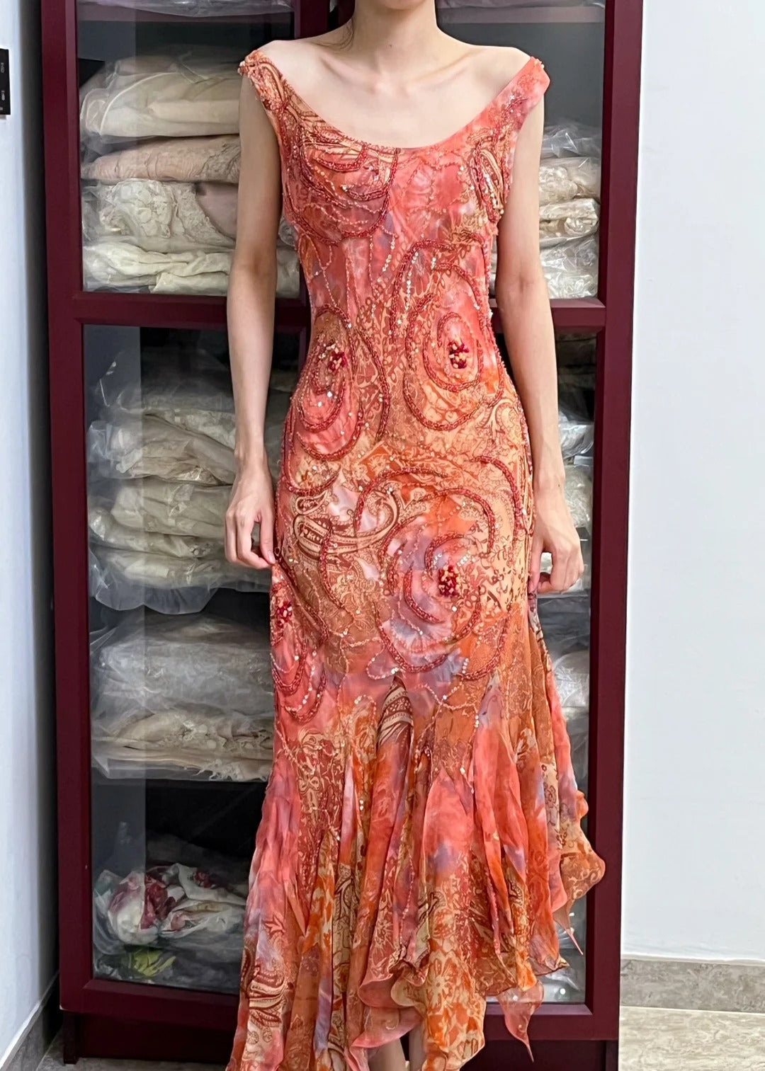 Retro Sparkling Orange-Red Mermaid Ruffled Beaded Chiffon Long Formal Prom Dresses Main image