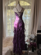 Retro Strapless Grape Purple Fungus Curled Skirt Chiffon Long Formal Prom Dresses