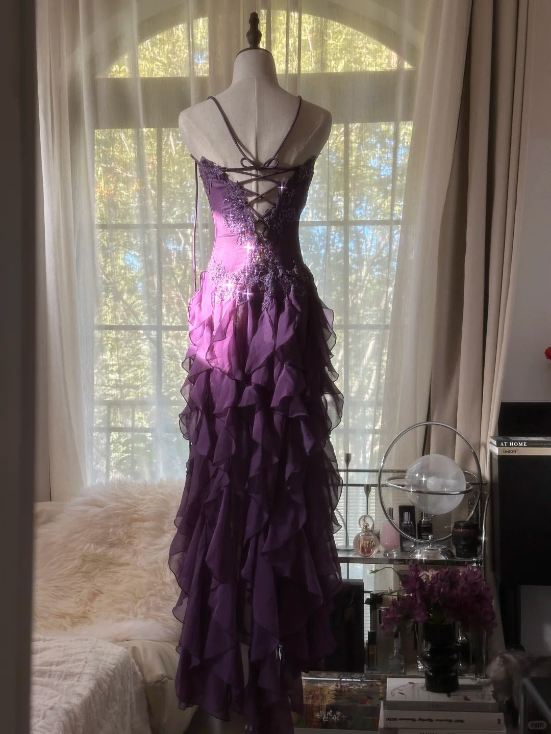 Retro Strapless Grape Purple Fungus Curled Skirt Chiffon Long Formal Prom Dresses