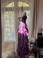 Retro Strapless Grape Purple Fungus Curled Skirt Chiffon Long Formal Prom Dresses