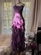 Retro Strapless Grape Purple Fungus Curled Skirt Chiffon Long Formal Prom Dresses