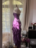 Retro Strapless Grape Purple Fungus Curled Skirt Chiffon Long Formal Prom Dresses