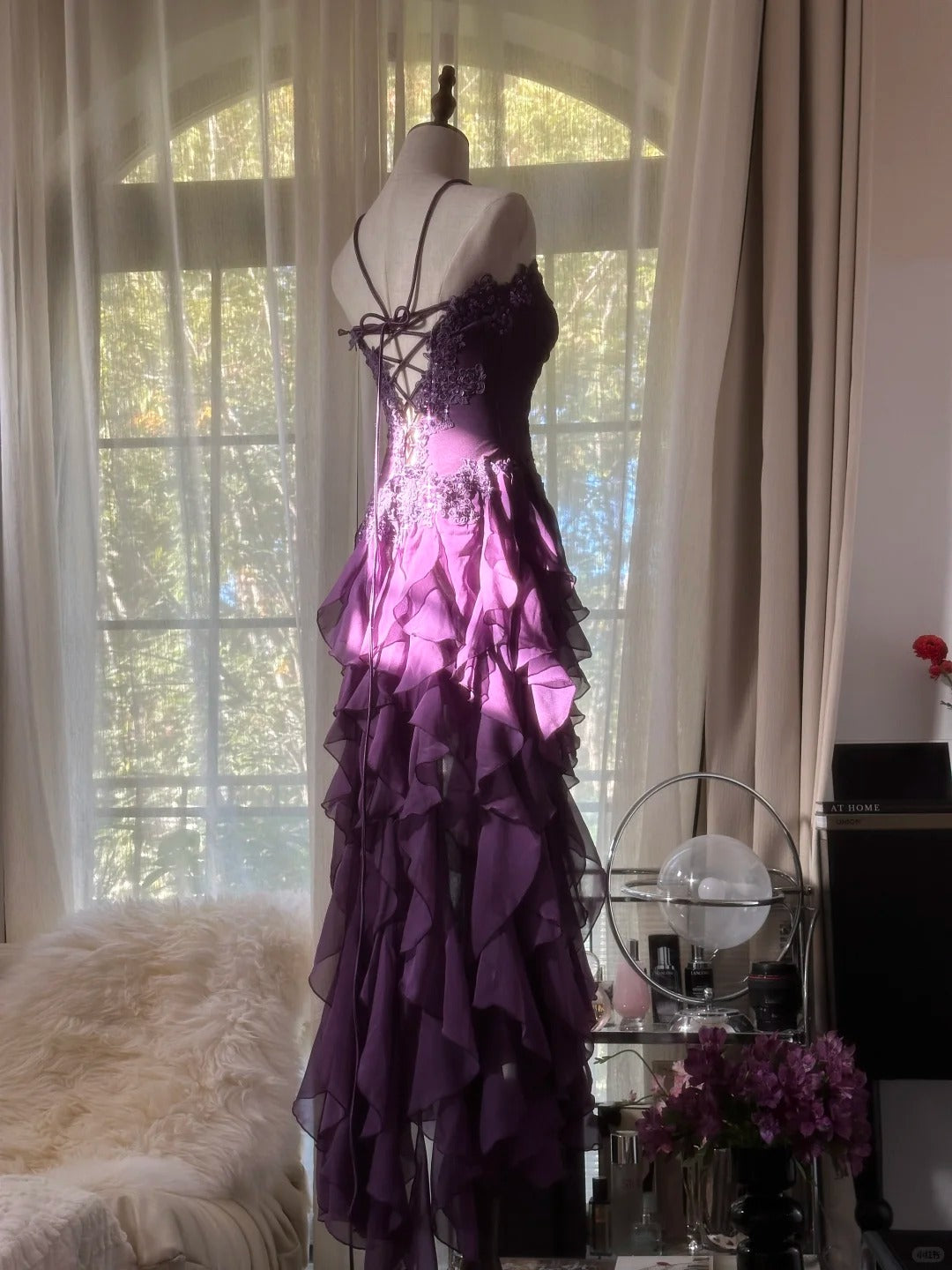 Retro Strapless Grape Purple Fungus Curled Skirt Chiffon Long Formal Prom Dresses