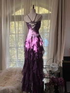 Retro Strapless Grape Purple Fungus Curled Skirt Chiffon Long Formal Prom Dresses