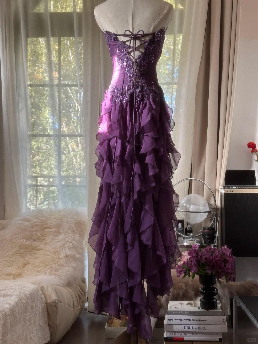 Retro Strapless Grape Purple Fungus Curled Skirt Chiffon Long Formal Prom Dresses