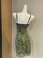 Retro Suspenders Green Floral Mesh Slim Fit 17Th Birthday Homecoming Dresses