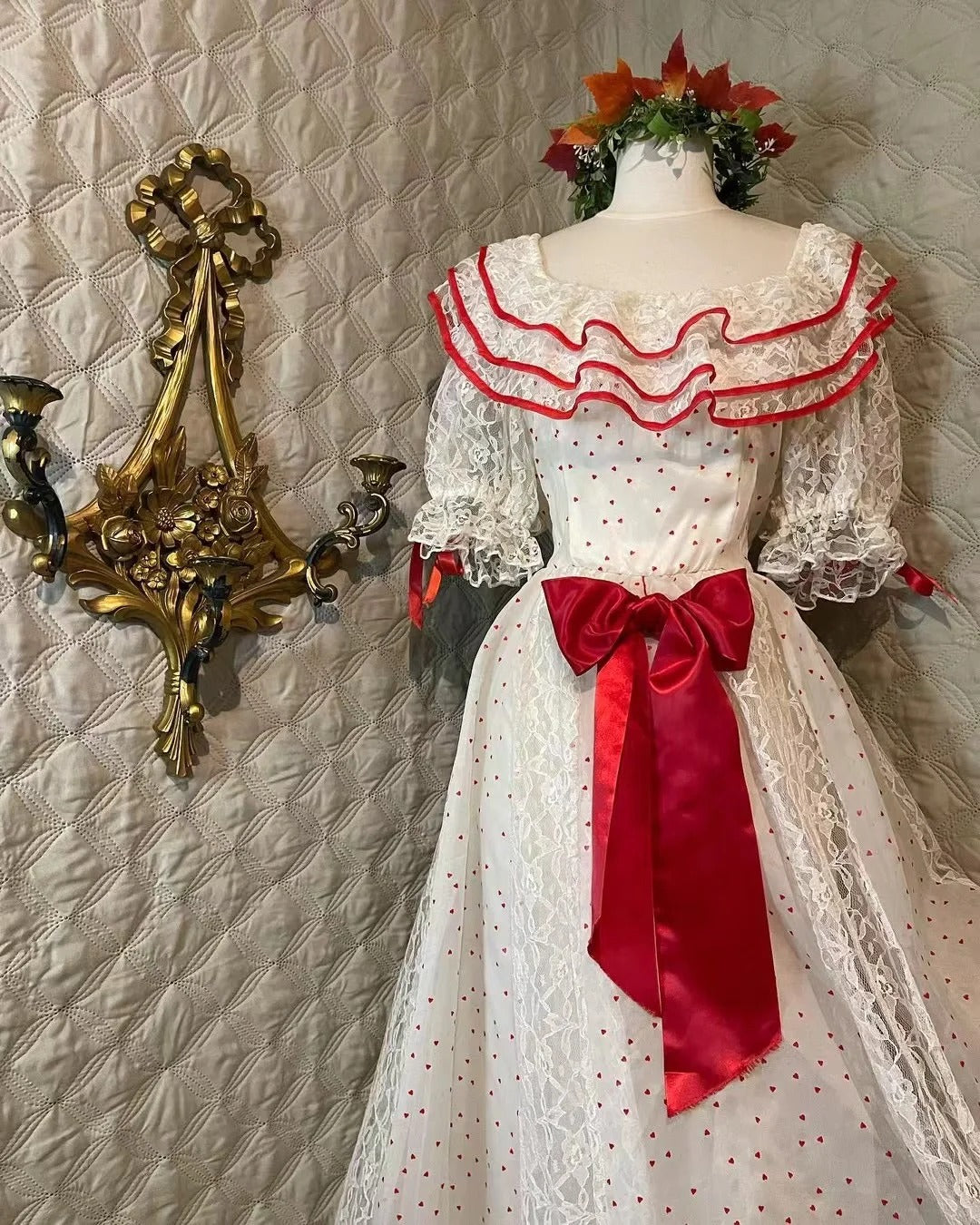 Retro White And Red Color-Blocked Ruffled Collar Polka Dot Bow Lace A-Line Long Formal Prom Dresses