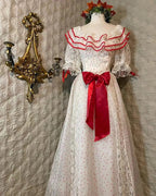 Retro White And Red Color-Blocked Ruffled Collar Polka Dot Bow Lace A-Line Long Formal Prom Dresses