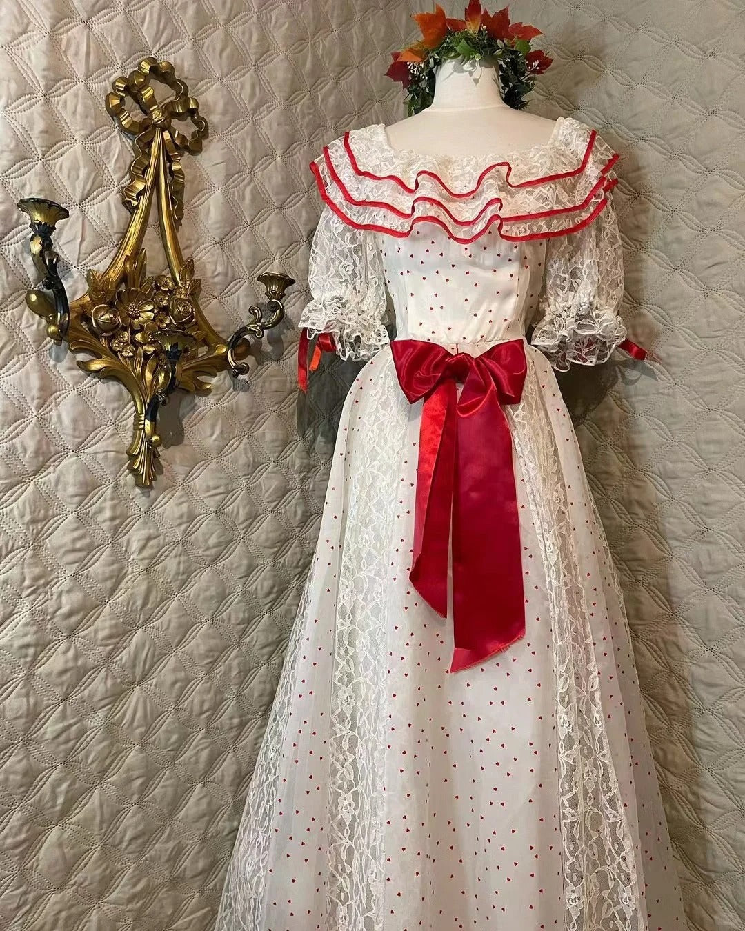 Retro White And Red Color-Blocked Ruffled Collar Polka Dot Bow Lace A-Line Long Formal Prom Dresses