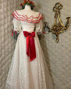 Retro White And Red Color-Blocked Ruffled Collar Polka Dot Bow Lace A-Line Long Formal Prom Dresses